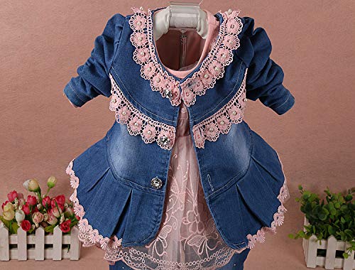 Yao 6M-4Y Infant 3Pcs Baby Girls Clothes Set Toddler Outfits Lace Dress Jacket and Jeans (4-5Y,Flower-Pink) - Image 3